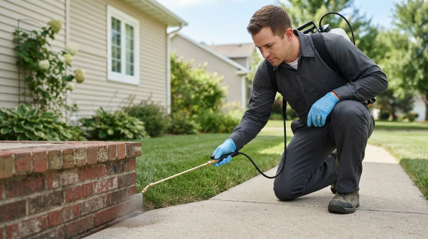 Pest control technician treating a home near Wilsonville, NE
