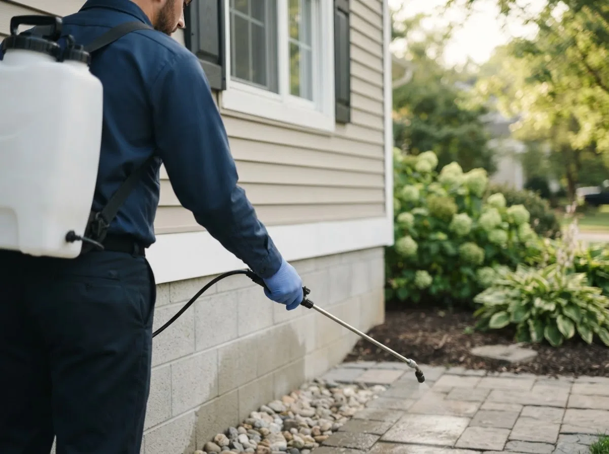 Pest control technician inspecting a home in Wilsonville, NE